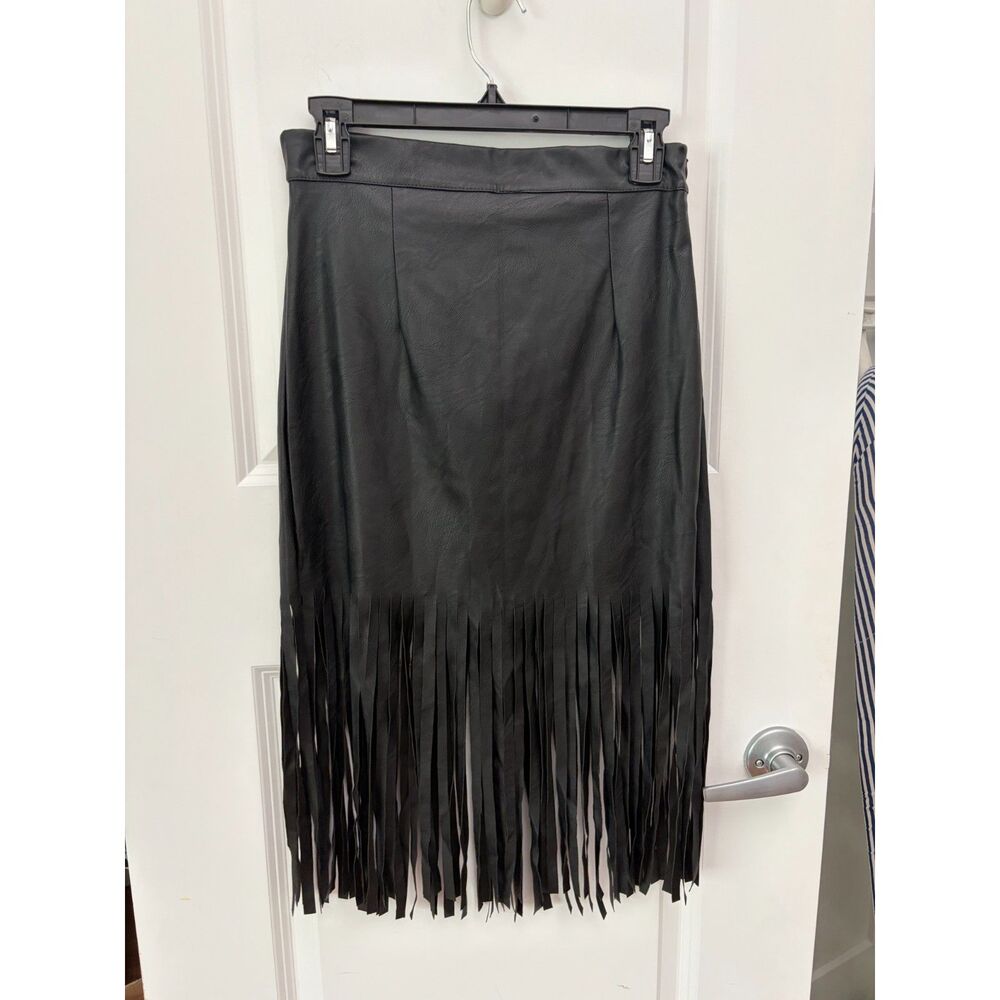 Faux Leather Fringe Midi Skirt Sz M Tulip Front Black Western Gothic Festival